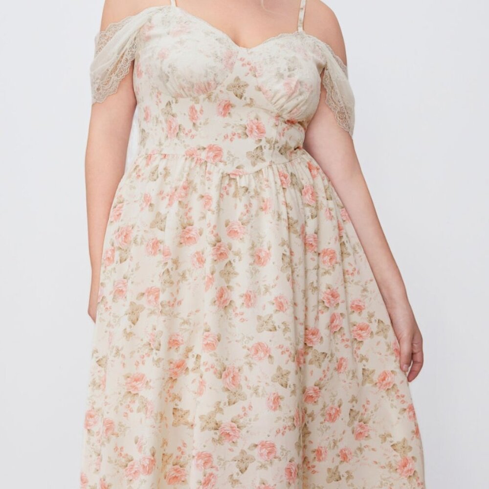 Woven Floral Ruffle Lace Split Midi Dress Curve